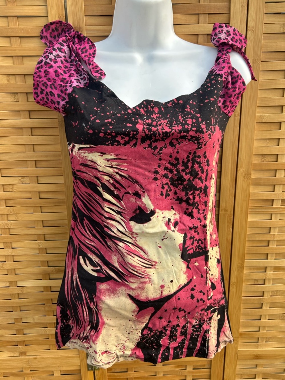 Too Fast Pink Black Cream Graphic Tie-Shoulder Tank